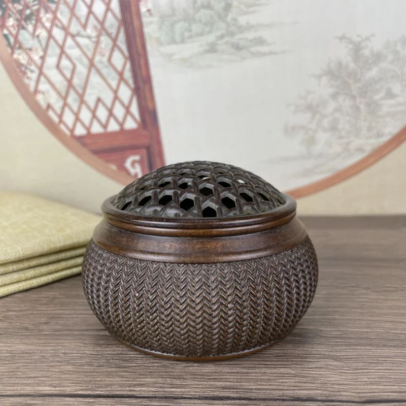 

Brass Woven Mesh Grid Stove Ornament Chinese Style Collectible Incense Burner Qianlong Furnace Home Study Incense Props