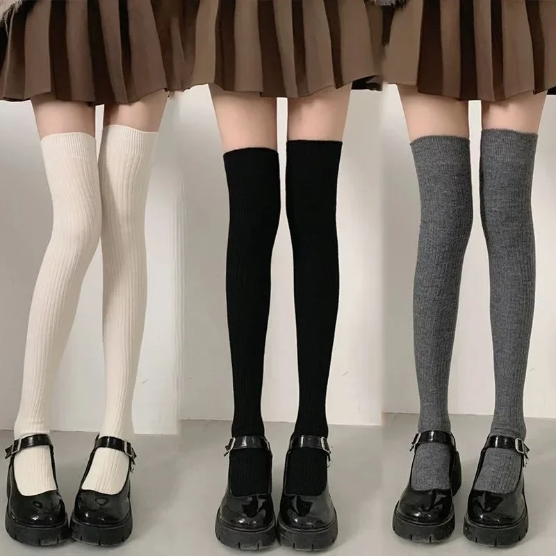 Women\'s Casual Knitted Long Socks Autumn Winter Solid Color Stockings Boot Calf Socks Over Knee Leggings Harajuku Lolita Sox