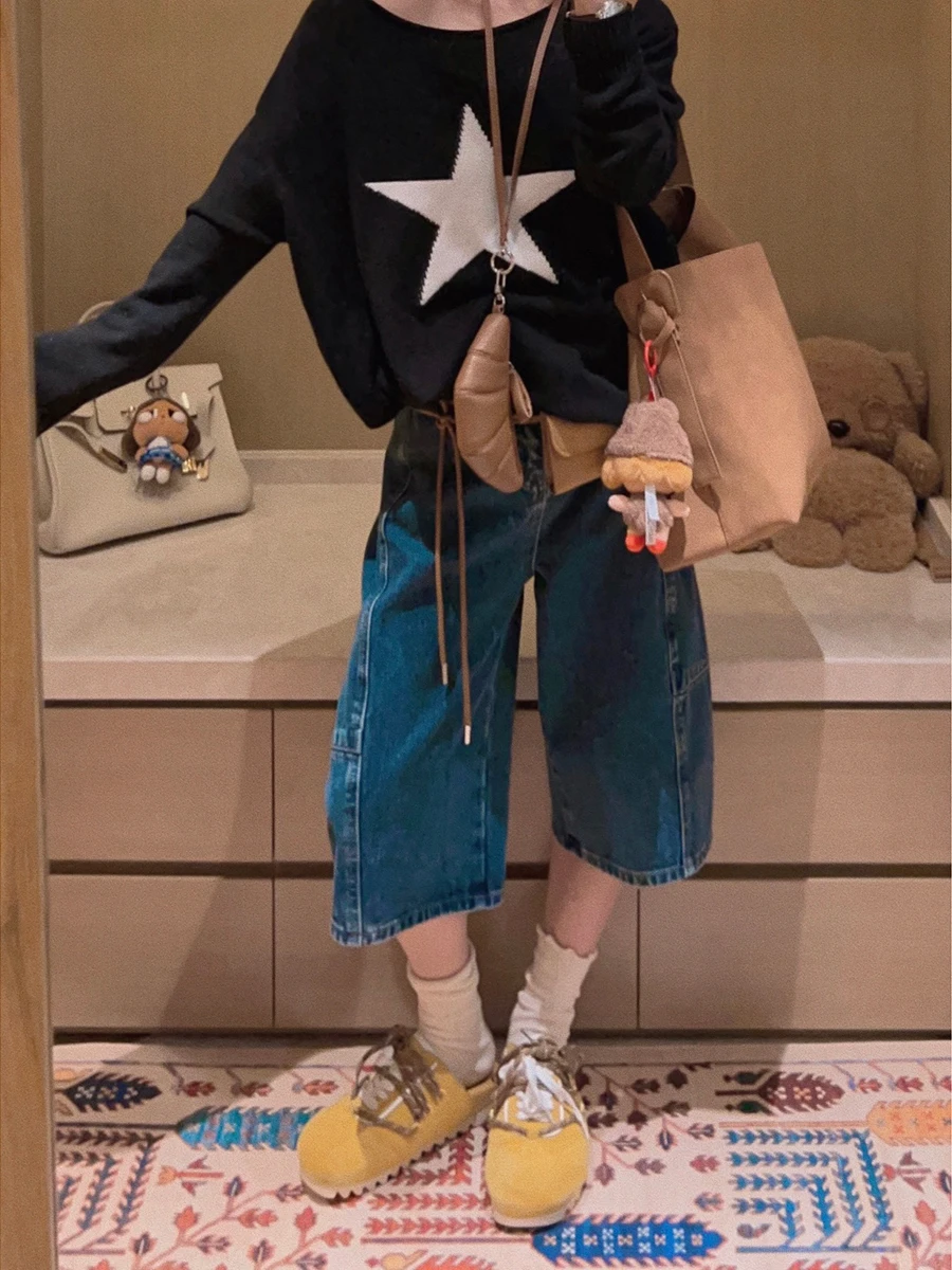 

Yukiss Versatile Loose Knife Jeans Five-Point Pants Hide Meat Meat Ladies Straight Leg Jeans l Waist Button Closure