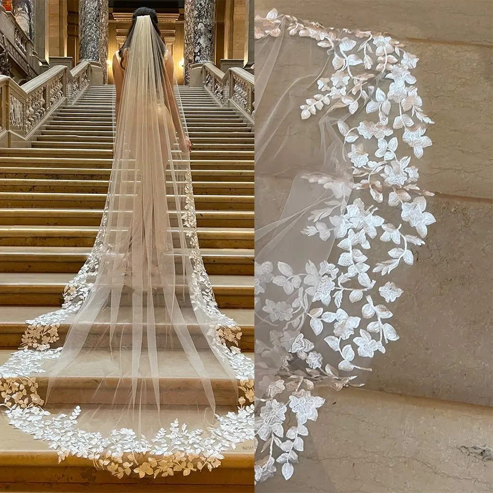 Vintage Wedding Veil Appliques One Layer Long Chapel Length Veils Applique Edge Custom Made Bridal Accessories High Quality