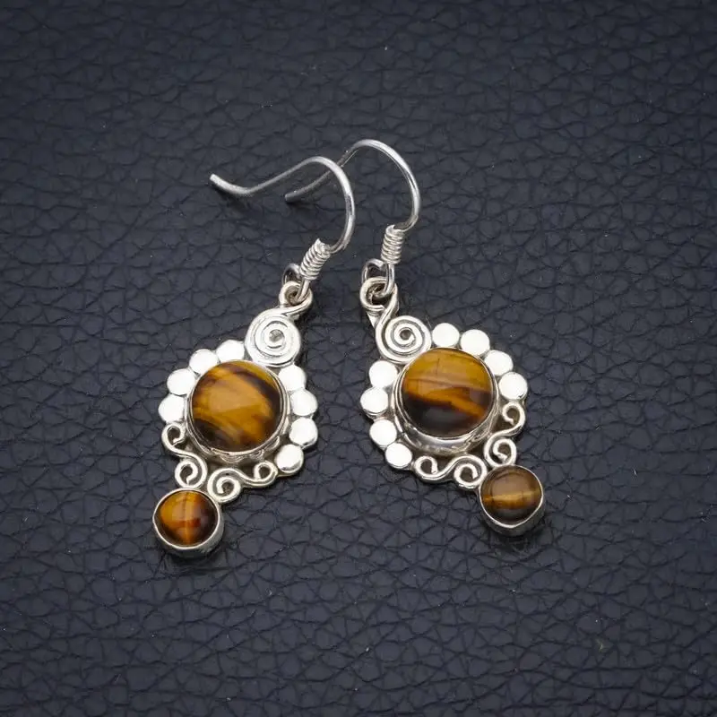 StarGems Natural Tiger Eye Handmade 925 Sterling Silver Earrings 1 1/2