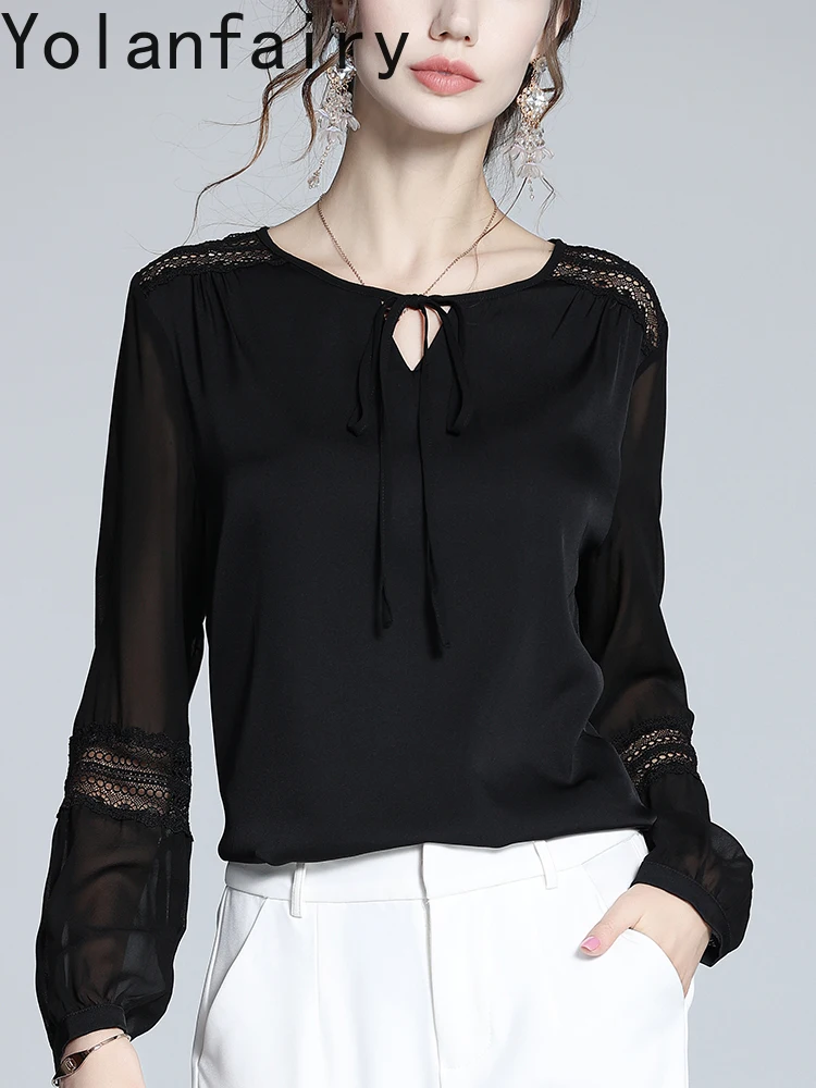 YOLANFAIRY High Quality 95% Genuine Mulberry Silk Blouse Woman Elegant Lace Patchwork Beautiful Black Shirt Ladies Tops Blouses