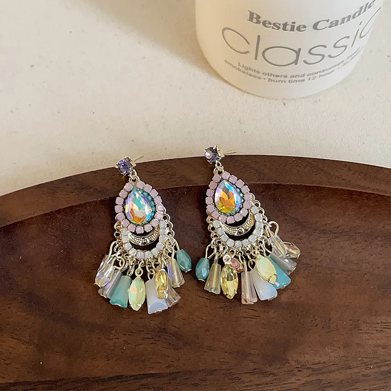 

Colorful Crystal Tassel Stud Earrings for Women Retro Ethnic 925 Silver Needle Dangle Earrings Party Jewelry Dress Accessories