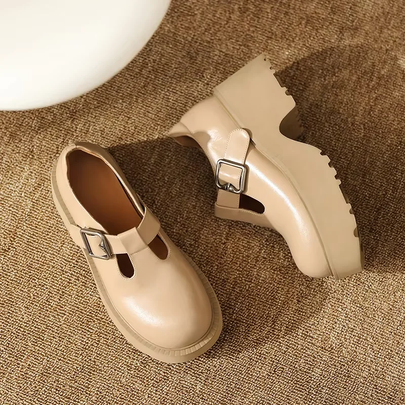 Women Single Shoes Square Heel Genuine Leather Platform Shoes T-Strap Mary Janes Apricot Footwear Spring Atumn Simple Pumps