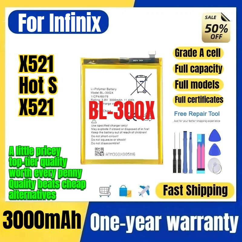 BL-30QX for Infinix Tecno X521/Hot S/X521 LTE Phone Battery 0 Cycle High Capacity Replacement Bateria Grade A Cell with Tools