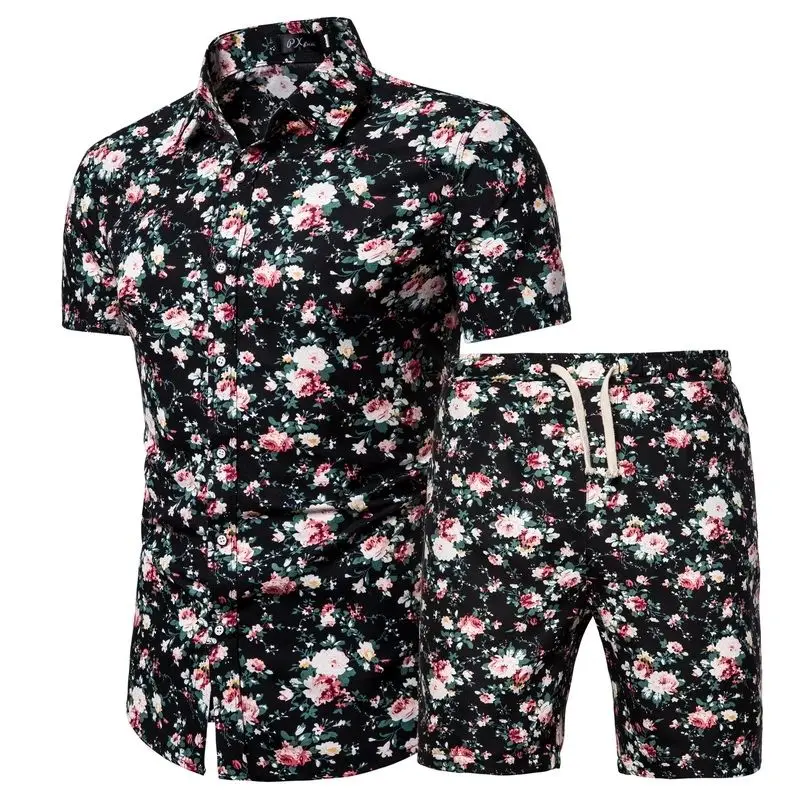 Hawaii 2 Pcs Men Luxury chain Beach Outfits 3D Print Short Sleeve Lapel Button Down Shirt + Drawstring Shorts Male Clothes Sets