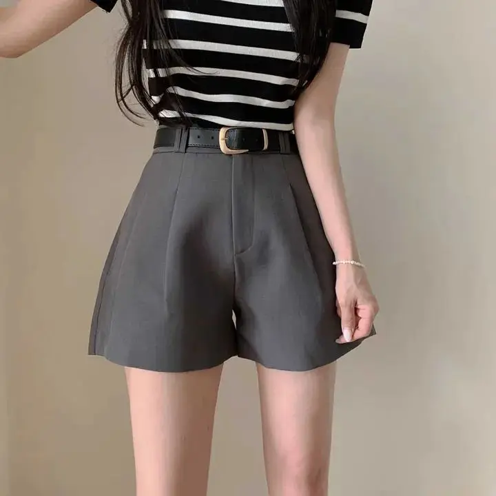 

Korean Style Chic Women's Suit Short Pants Loose Slim High Waist Drapey A-Line Wide Leg Pants with Belt Summer Online Exclusive