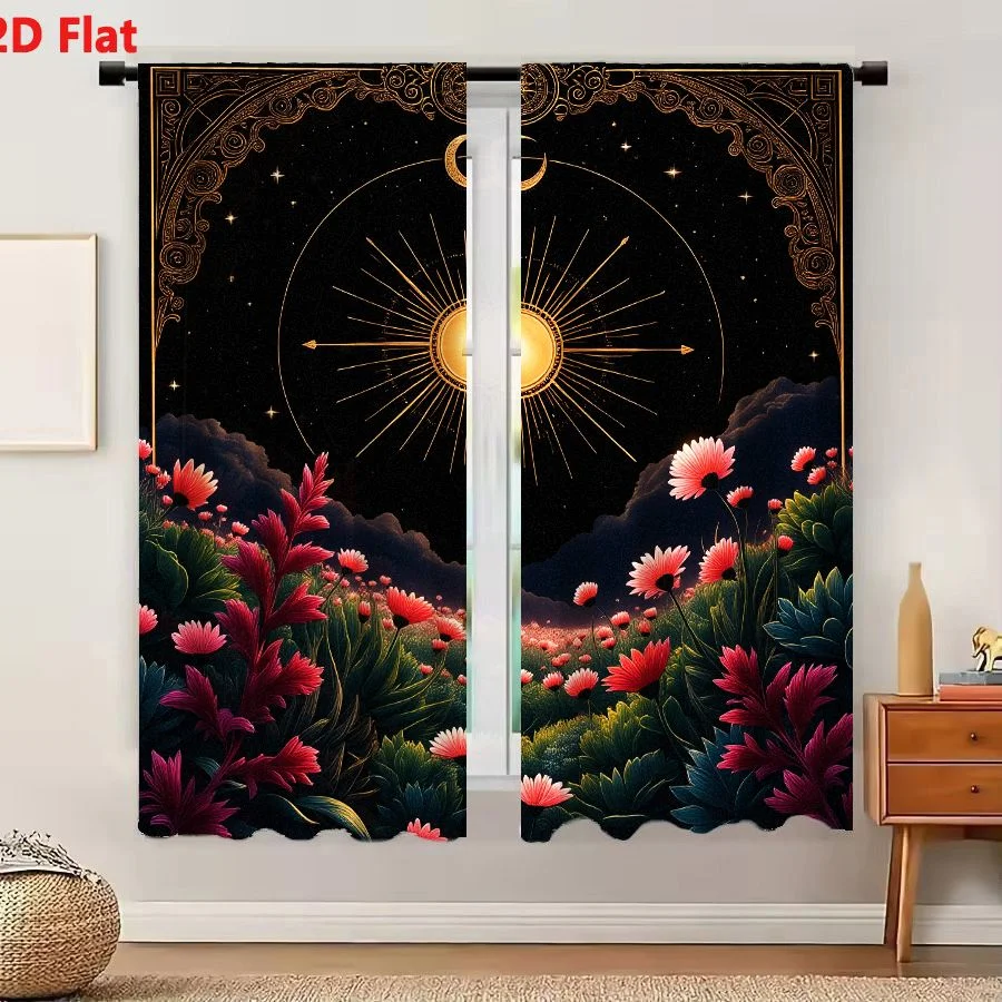 2Pcs Curtains 2D Flat Vibrant Surreal Landscape Starry Night Sky Golden Sun Crescent Moon Baroque Arch Lush Flower Field Pink Re
