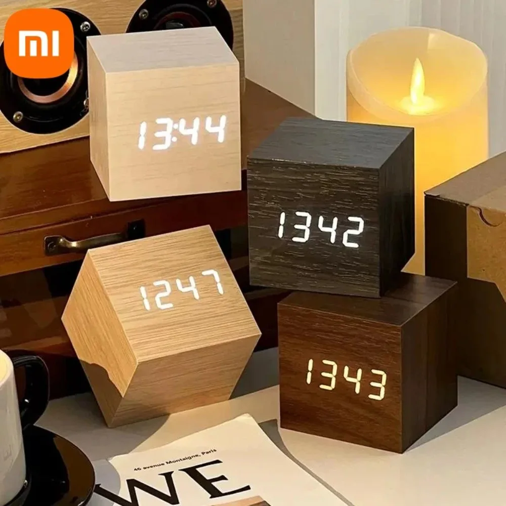 

Деревянный цифровой будильник Xiaomi с контролем температуры и звука, электронные часы, настольные светодиодные прикроватные часы с питанием от USB/AAA