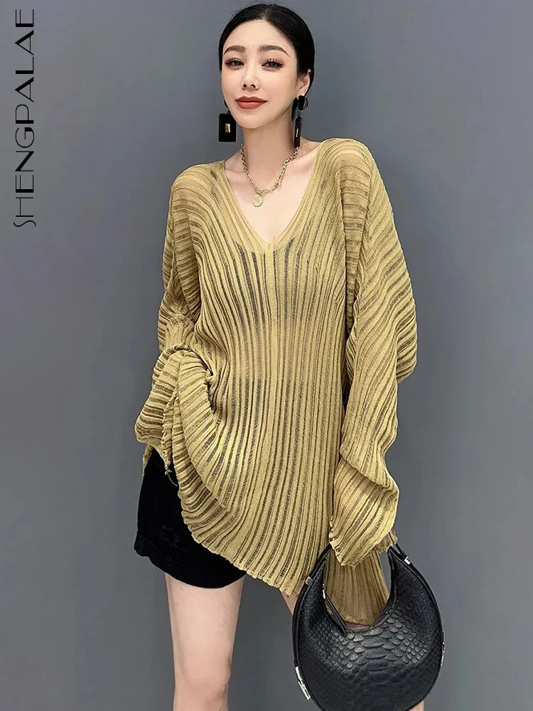 

SHENGPALAE Transparent Hollow Knitted Women's Shirt 2024 Summer Shirt Sunscreen V-neck Long Sleeved Blouse Female Clothes 5C1169