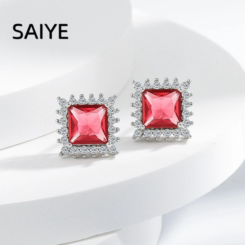 925 Sterling Silver Women 3Pcs Jewelry Set Square Cut Simulated Ruby Pendant Necklace Ring Earrings Halo CZ Crystal Jewelry Gift