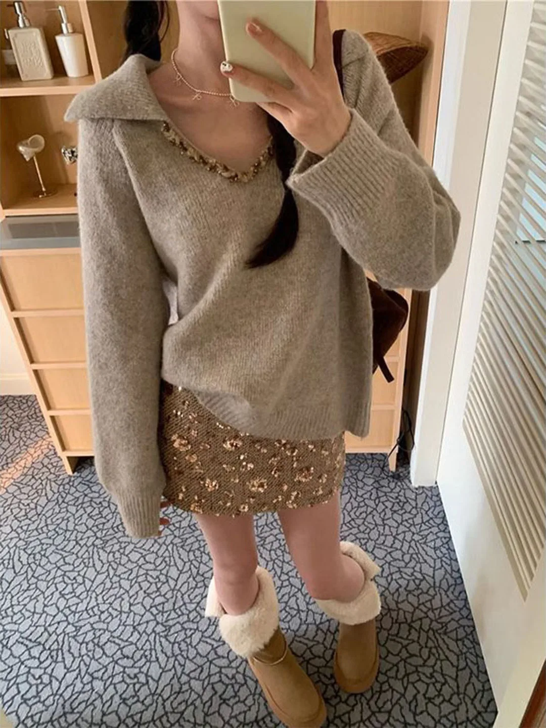 

Miu Series Pure Color Sequin Long Sleeve Women's Sweater Autumn Winter Loose Fit Slimming Half Skirt Set Casual Fashion Ensemble