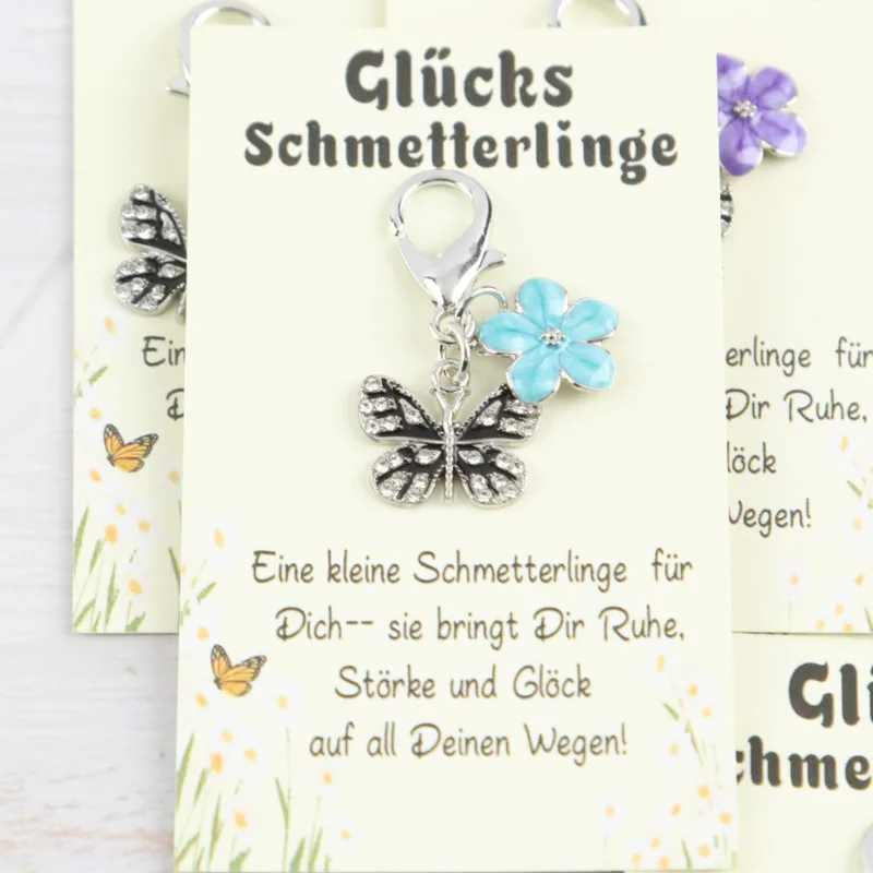 5pcs Ancient silver Diamond Butterfly Cherry Blossom Keychain Set Butterfly card with German fortune message Decorate clothes Ba