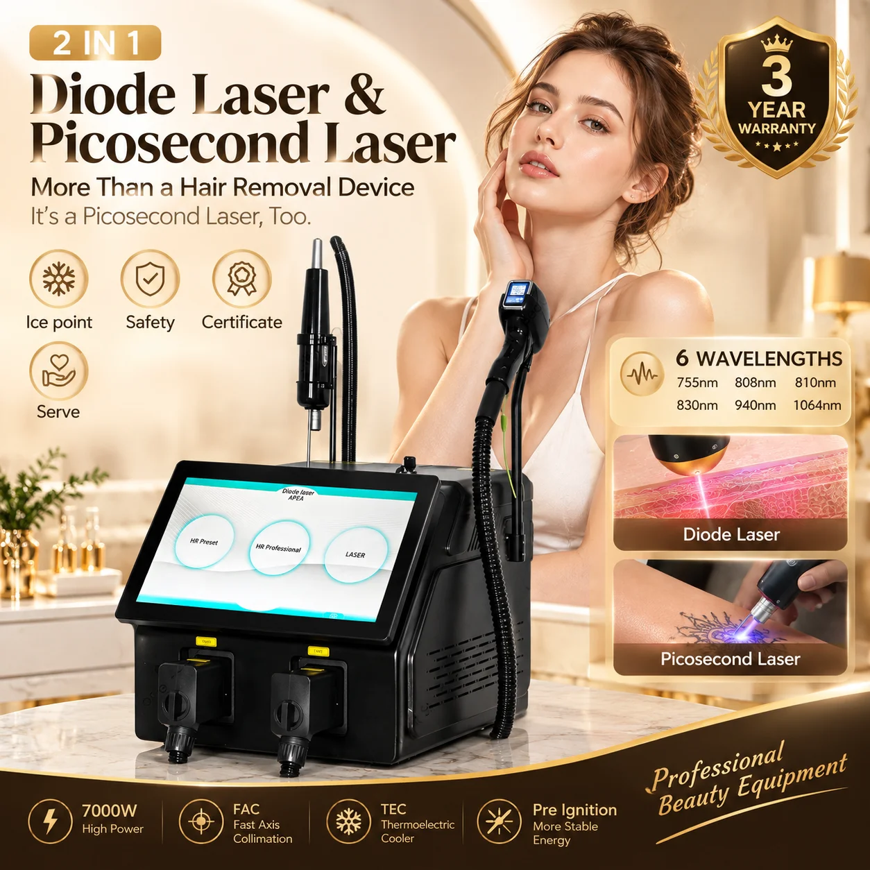 Soprano Diode Laser Hair Removal Machine Featuring 808nm & Picosecond Tech, 6-Wavelength Design Suitable for All Skin Types