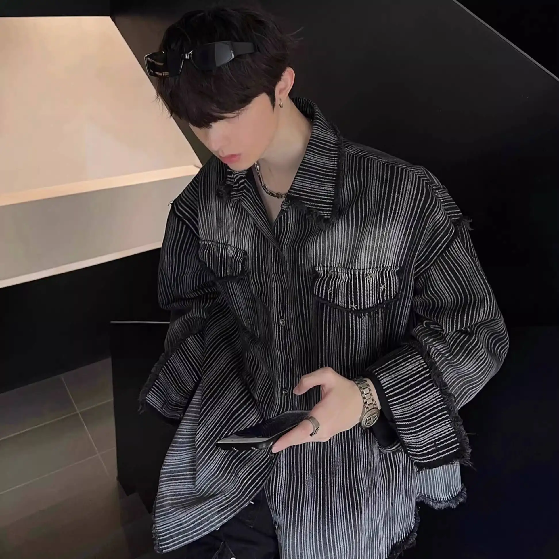 

Men's Gradient Striped Denim Shirt 2026 Spring Autumn Loose Long Sleeve Shirt Jacket Denim Shirts