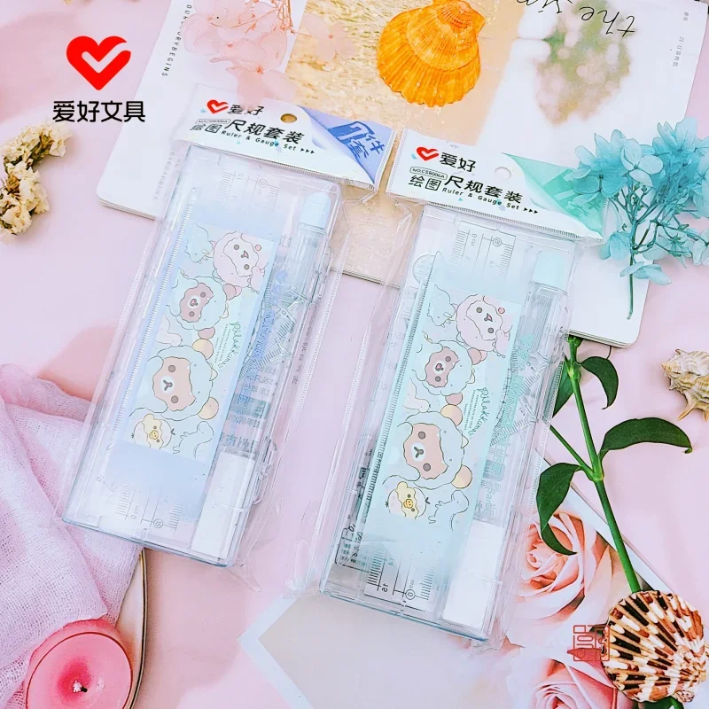 2Sets AIHAO CS8006A Rilakkuma Ruler Set 15CM Plastic Maths Draawing Compass Stationery Rubber Rulers School Supplies Kawaii