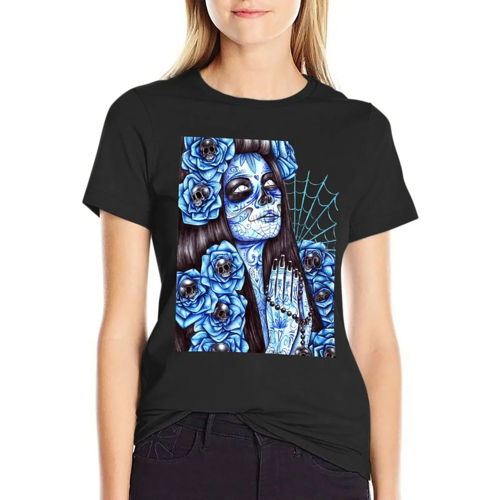 Camiseta azul del Día de los muertos para mujer, ropa para mujer, camisas de entrenamiento, ajuste suelto