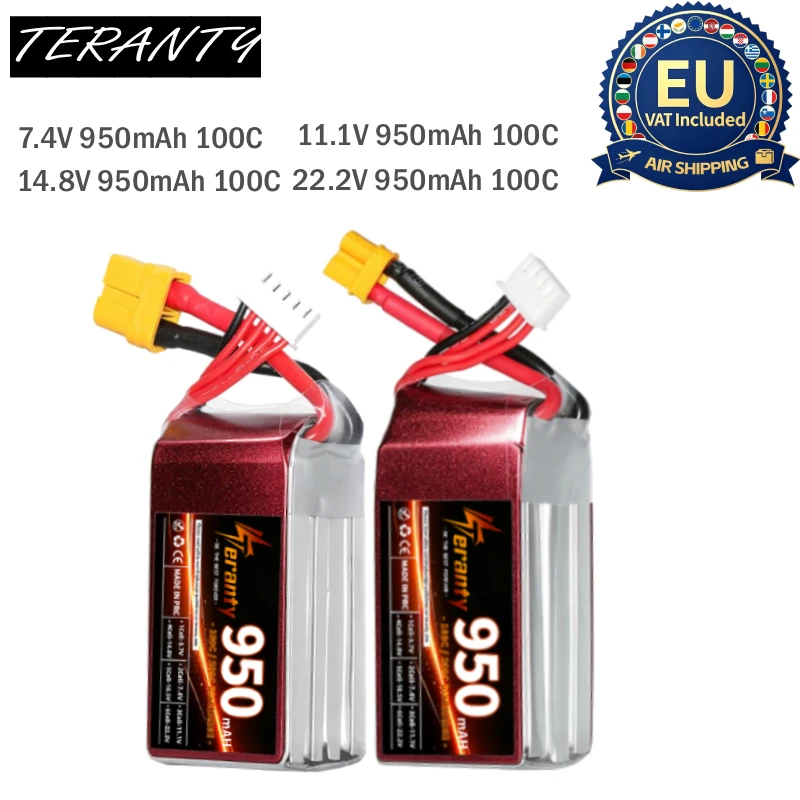 2PCS TERANTY 2/3/4/6S 7.4V 11.1V 14.8V 22.2V Lipo Battery 950mAh 100C With XT30 T XT60 Plug For FPV Cinewhoop RC Car Buggy Truck