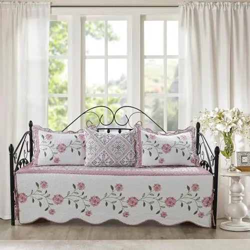 4 Piece Quilted Embroidery Daybed Bedding Cover Set, Soft Lightweight All Season Microfiber Coverlet with Matching