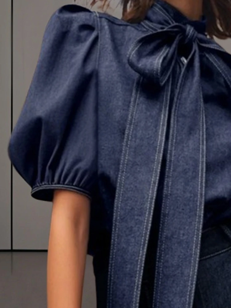 Gymystars Fashion Blue Soft Denim Women's Shirts Summer New Casual Puff Sleeve Bow Tie Elegant Spring Street Lady Tops for Work view 3
