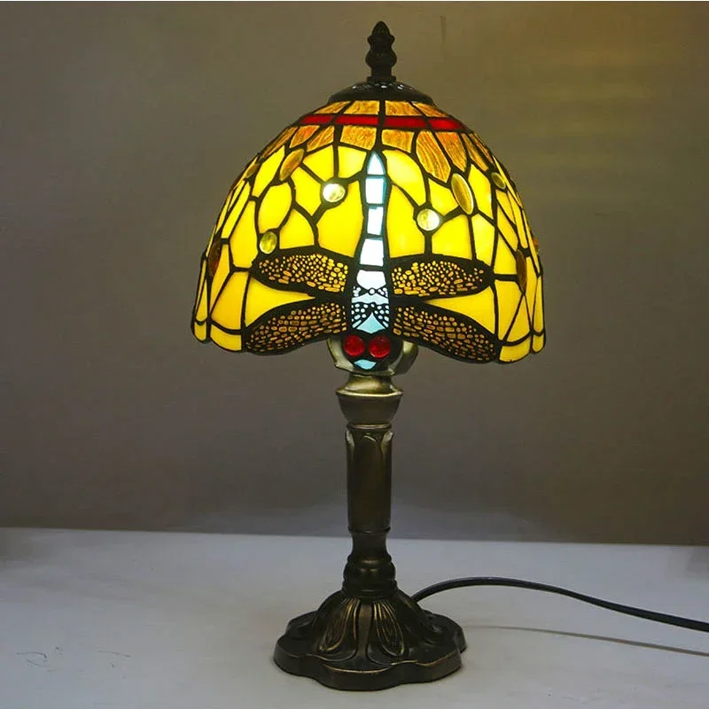 VIOLET Tiffany Glass Table Lamp LED Creative Design Dragonfly Pattern Desk Light Decor For Home Living Room Bedroom