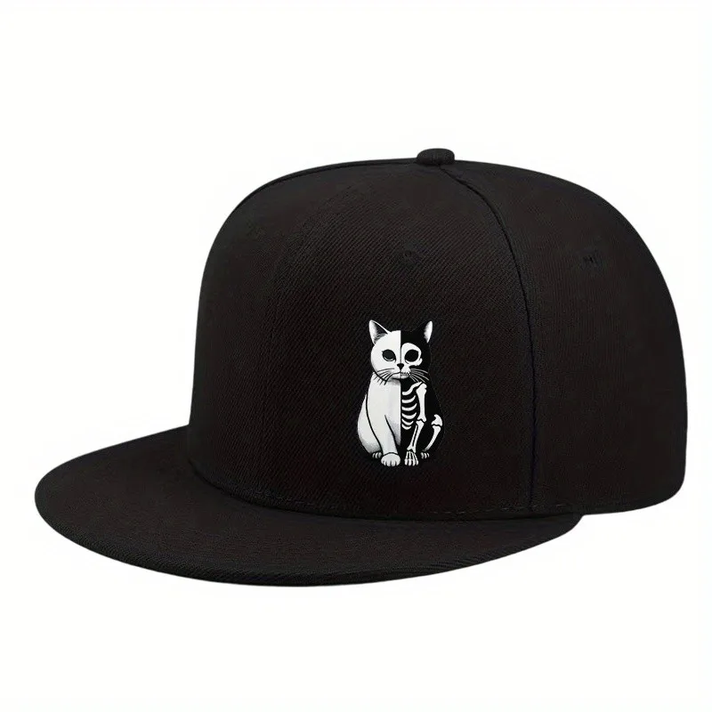 Split Skeleton Cat Graphic Flat Brim Baseball Cap Unisex Adjustable Halloween Hip Hop Hat