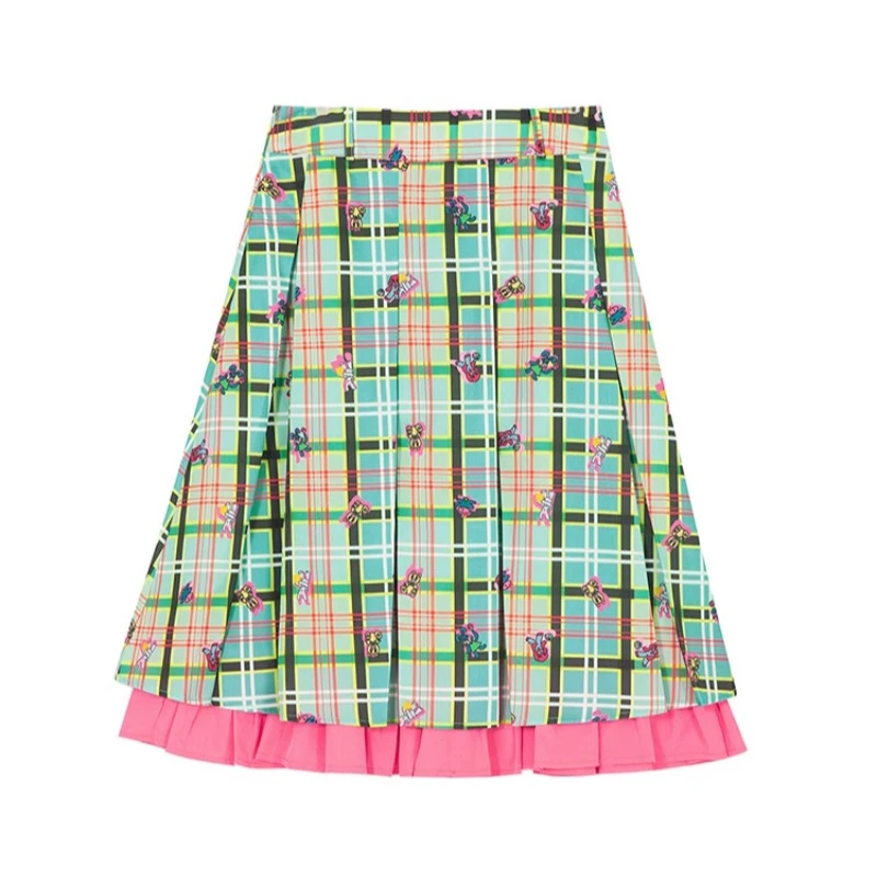 Spring And Summer Original Design Women's Skirt Green Plaid Contrasting Color Pink Edge Pleats Cute Little Animal Sweet Skirts