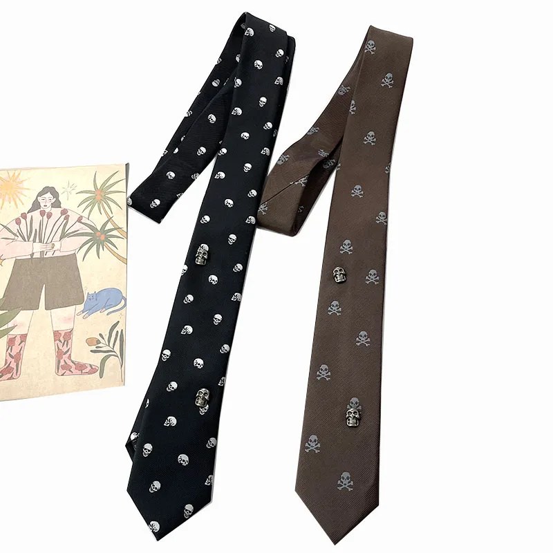 

handmade skull punk style neck tie cool rivets hand-made narrow version neck ties men's and women's brown retro tie