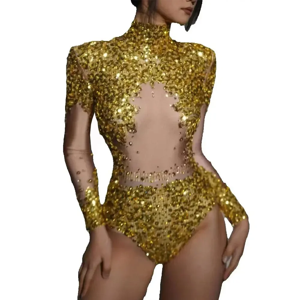 Боди с серебряными и золотыми стразами и блестками, женский сексуальный костюм для выступлений на день рождения, танцевальный костюм, певица, танцовщица, сценическая одежда