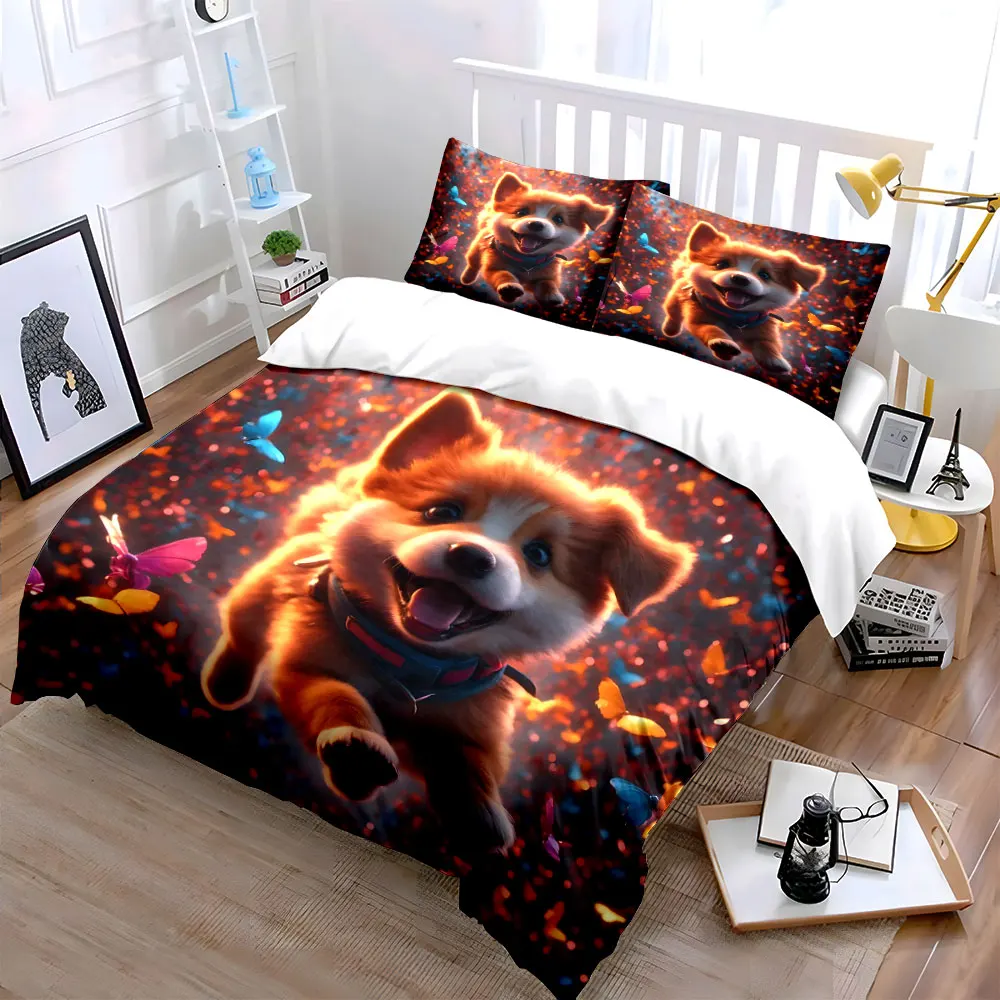 Joyful puppy with colorful butterflies Printed Duvet Cover Set1 Duvet Cover+2 PillowcaseMulti Size Bedroom Bedding Decor