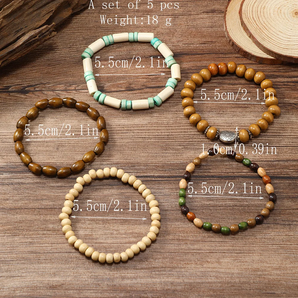 Retro-Farbige Holzperlen-Mehrschicht-Armband-Set, Böhmische Blumen-Stretch-Armbänder für Männer, Hip-Hop-Schmuck, Mode-Accessoires – Detail 4