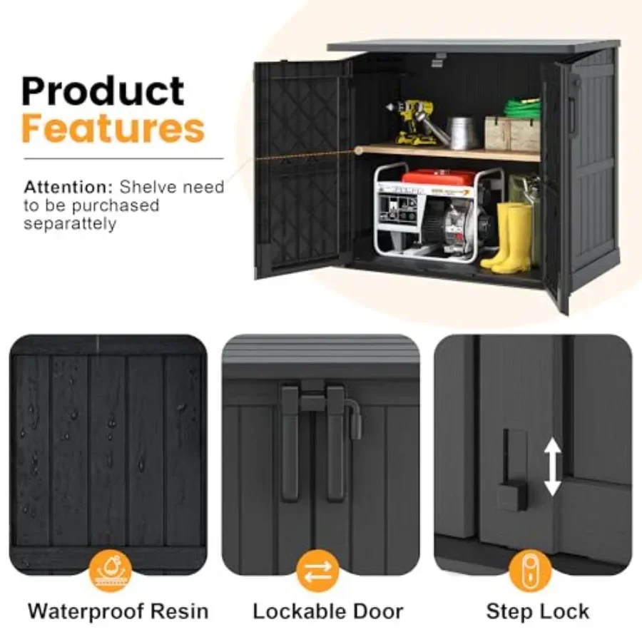 Outdoor storage cabinet for backyards and patios, resin material, gray color, 37 cu ft capacity with lockable waterproof doors