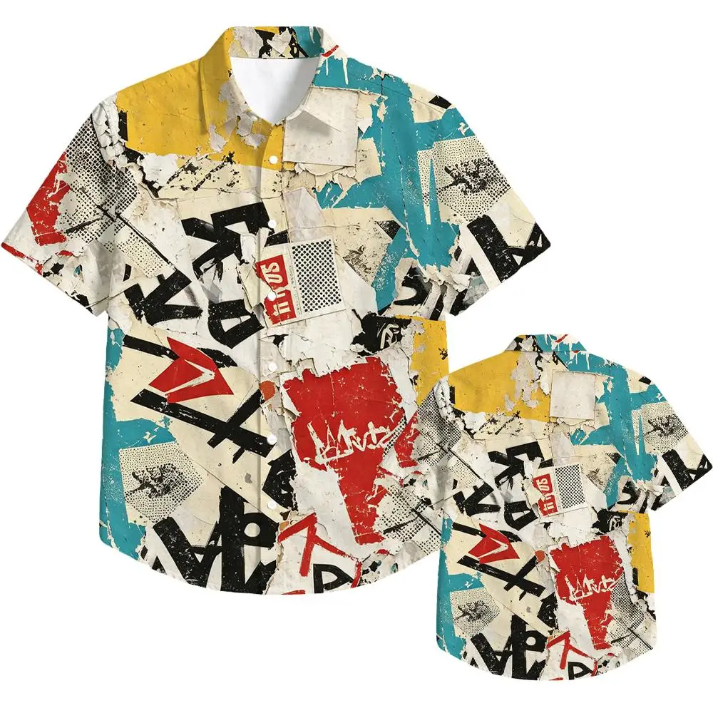Men's Vintage Collage Print Cotton Hawaiian Shirt Loose Fit Short Sleeve Streetwear Shirt Retro Graffiti Casual Daily Summer Top