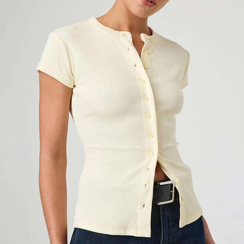 New Solid Color Sexy Buttons Short-sleeved T-shirt Top Women's European American Women's Clothing Spring and Summer Y25TP017