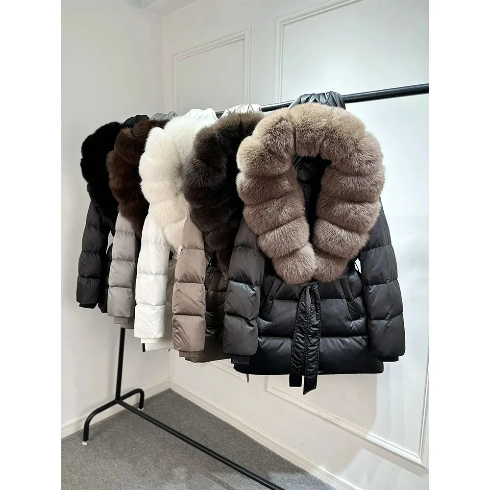 Janveny 럭셔리 대형 천연 실버 폭스 퍼 후드 2025 겨울 90% 구스 다운 재킷 여성 두꺼운 따뜻한 여성용 파카 방수