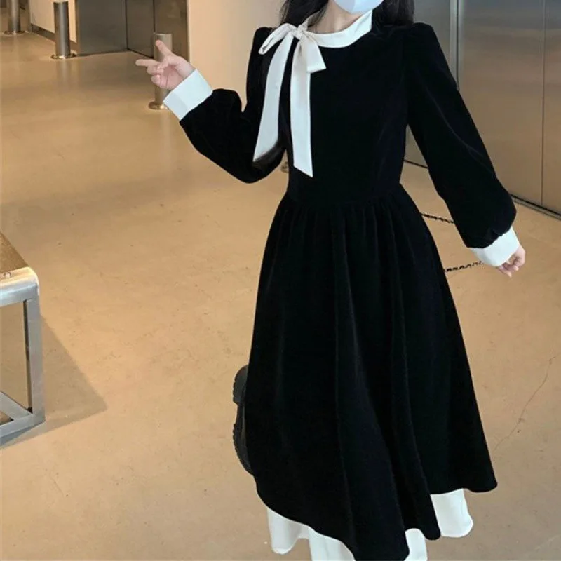 Color Blocking Stand Up Collar Bow Dress For Women Autumn Winter Retro Slimming Fit Black Long Dresses Splicing Length Vestidos