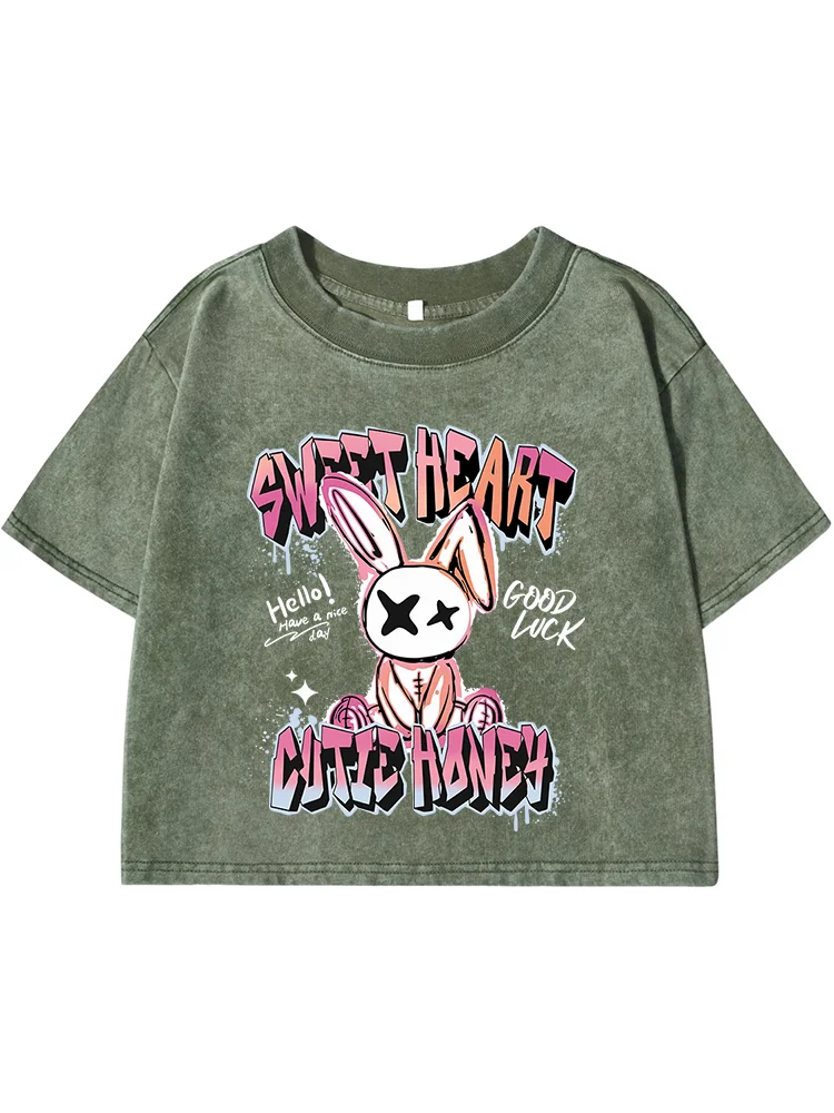 

Женская короткая футболка с мультяшным принтом милого сердца и кролика, летние крутые футболки, одежда в стиле хип-хоп с открытым животом