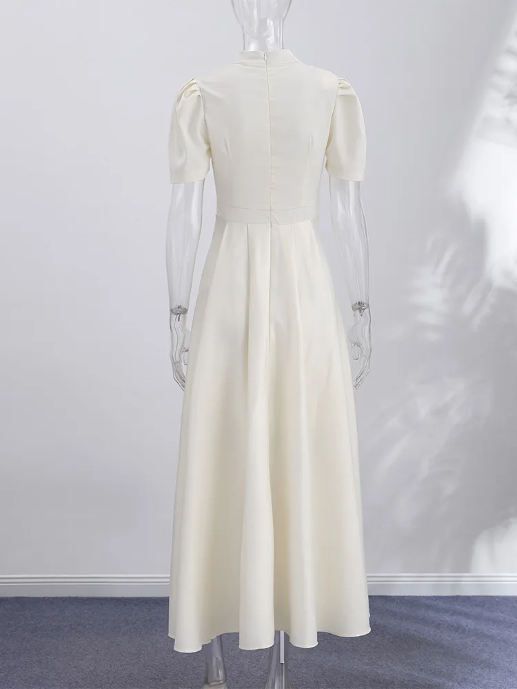 Tief Ausgeschnittenes Tailliertes Langes Kleid mit Weitem Rock für Damen Sexy Puffärmel Einfarbiges Schlankes Abendkleid Charmante Damenkleider – Detail 5