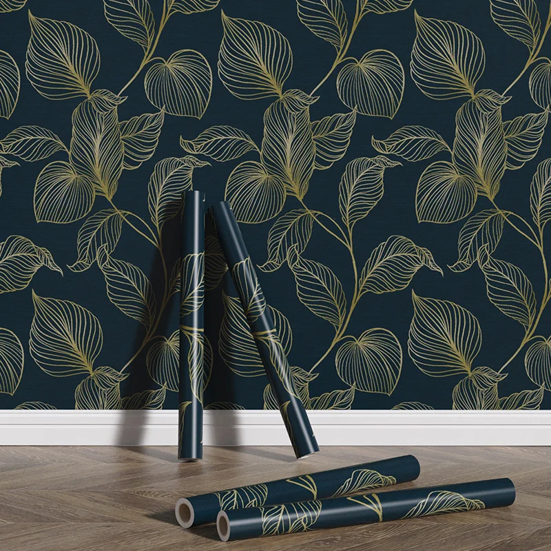 Dark Floral Mural Wallpaper Self Adhesive Vinyl Removable Wallpaper Home Decor Modern Golden Leaf PVC Wallpaper Peel And Stick