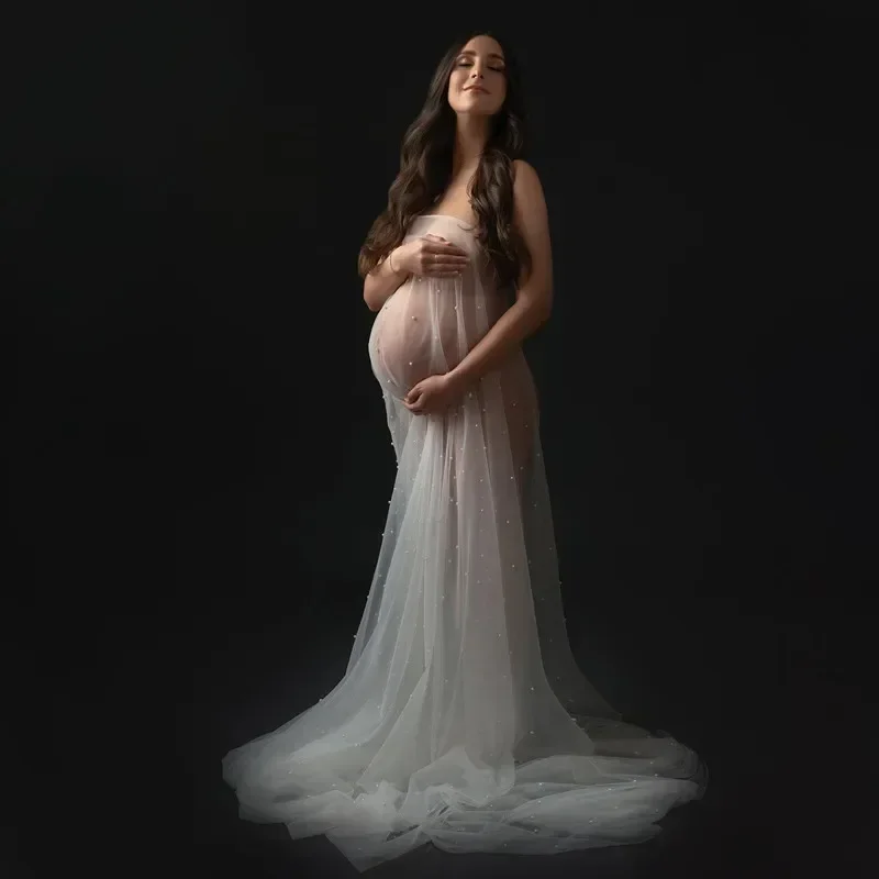 

New Sexy Tulle Maternity Dresses For Photo Session Pearl Mesh Pregnancy Shooting Dress Long Pregnant Woman Photography Wrap Gown