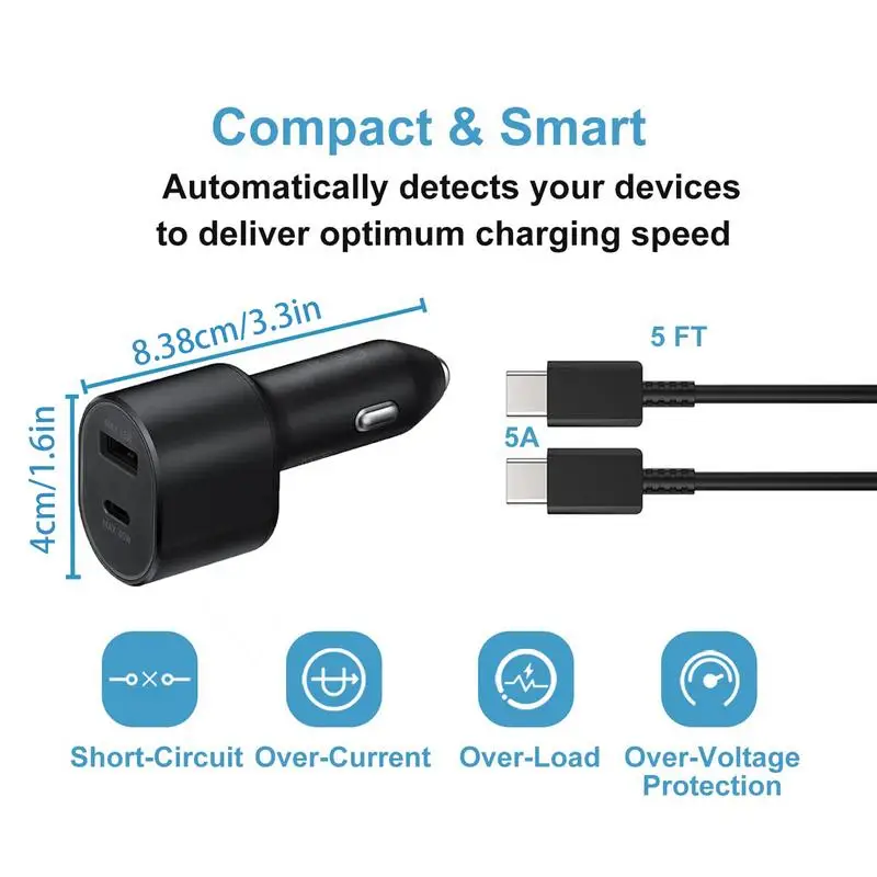 充電ケーブル付き高速カーチャージャー、2ポートカーチャージャー、電話、カメラ、ラップトップ用アダプター