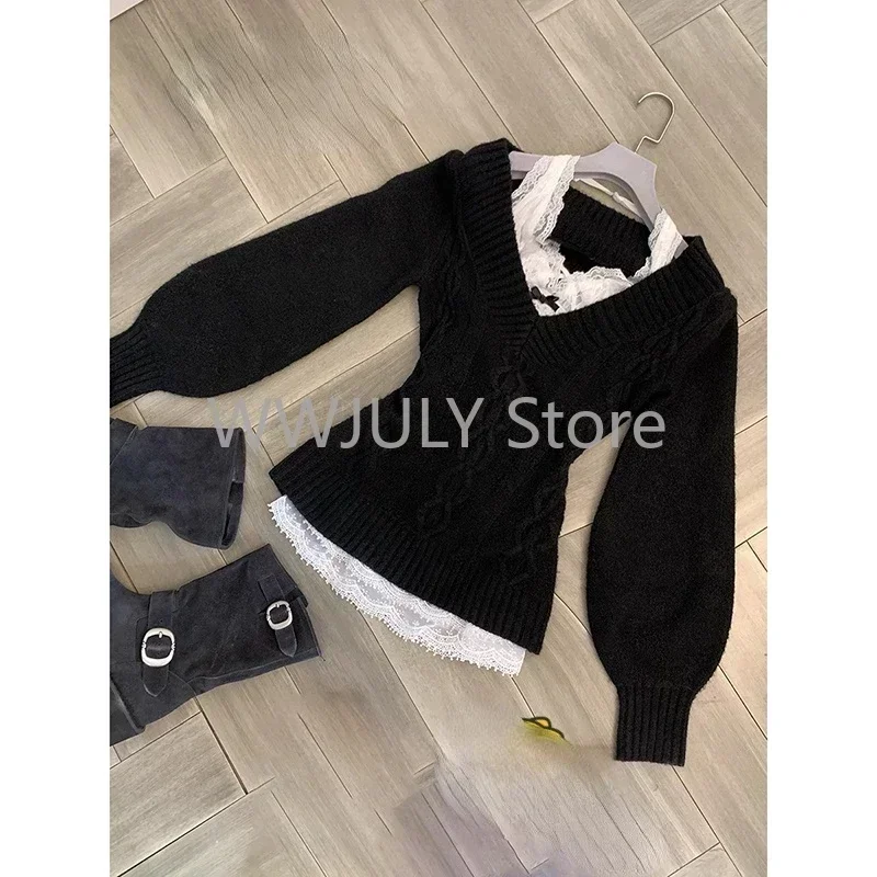 Autumn Winter Women 2000s Aesthetic Gyaru Chic Korean Y2k Two Piece Sets Jumper Sweater Long Sleeve Coquette Knitwears Style