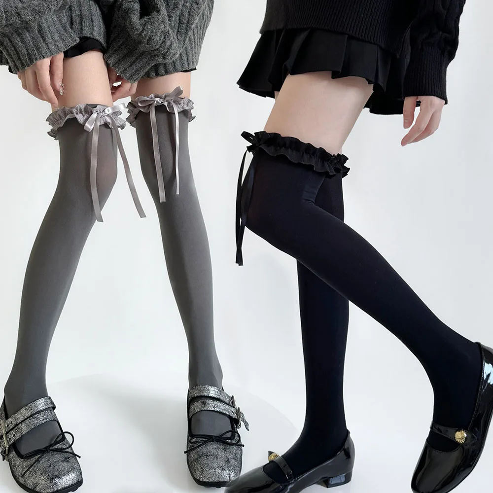 Medias altas hasta el muslo suaves y dulces, estilo JK Lolita para niña, calcetines largos, medias de estilo japonés con lazo de encaje hasta la rodilla