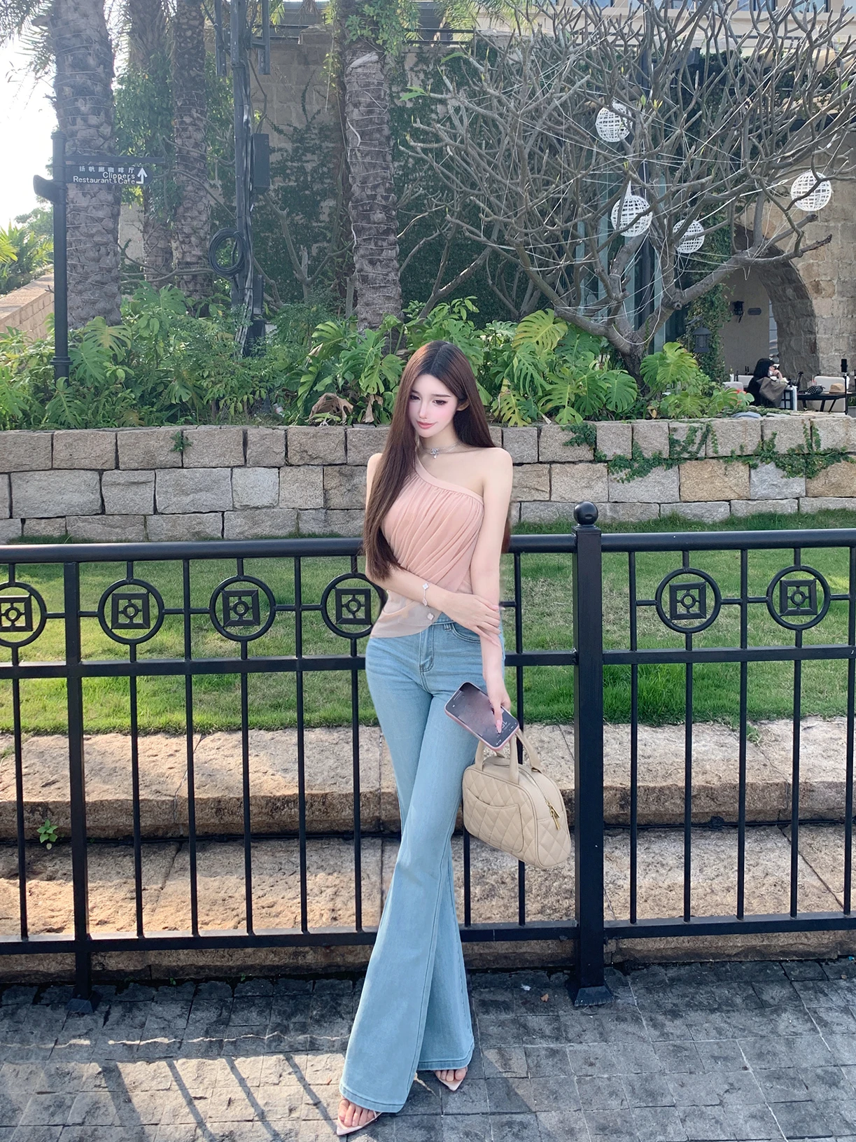 

Luna High Waist Slim Fit Denim Pants Asymmetric Design Classic Straight Leg Jeans for Women Comfortable Stretchy Trousers
