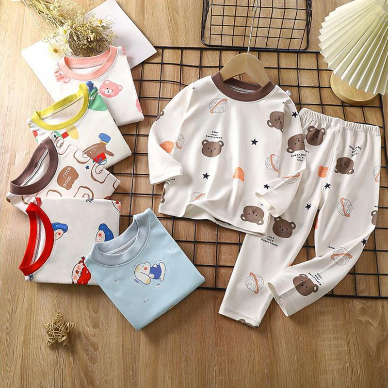 1pcs Children's Underwear Set Kids Soft Cotton Pajamas Boys Girls Baby Spring Autumn Cute Cartoon Long Sleeve Home Sleepwear