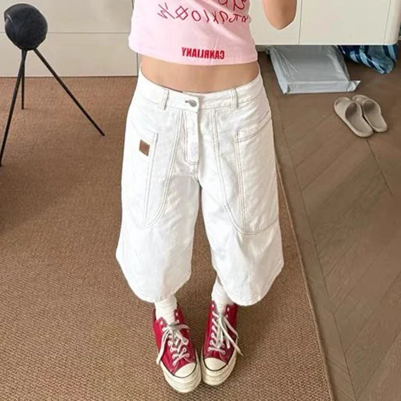 Pantaloncini di jeans bianchi streetwear vintage da donna anni 2000 Y2k pantaloni di jeans a gamba larga retrò americani a vita alta jeans larghi casual chic