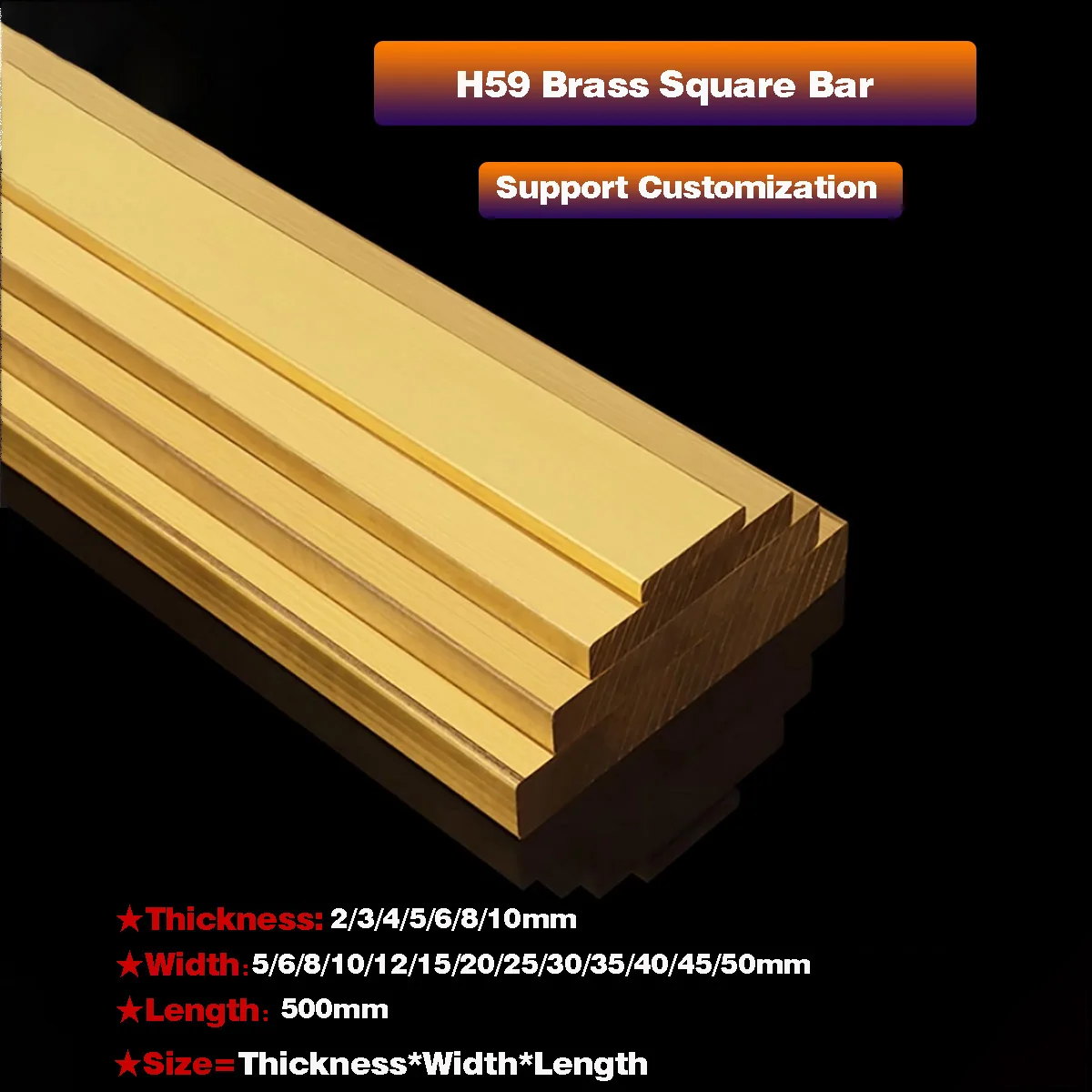 Length 500mm H59 Brass Flat Bar Plate Strip  /Pure Copper Solids Metal Plate Material,Thicknesses 2/3/4/5/6/8/10mm