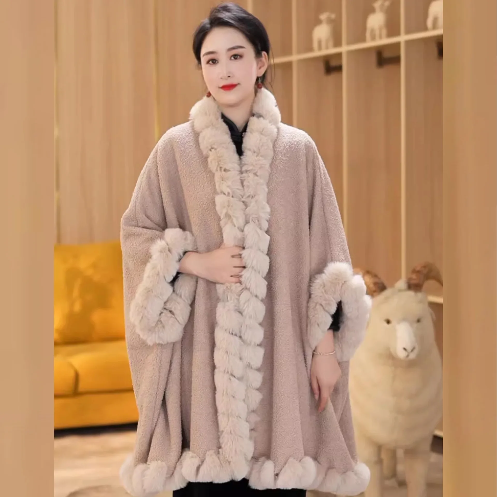 Winter Fashion Out Streetwear Women String Faux Rabbit Fur Cape Granular Velvet Poncho Cloak Oversize Batwing Sleeves Overcoat