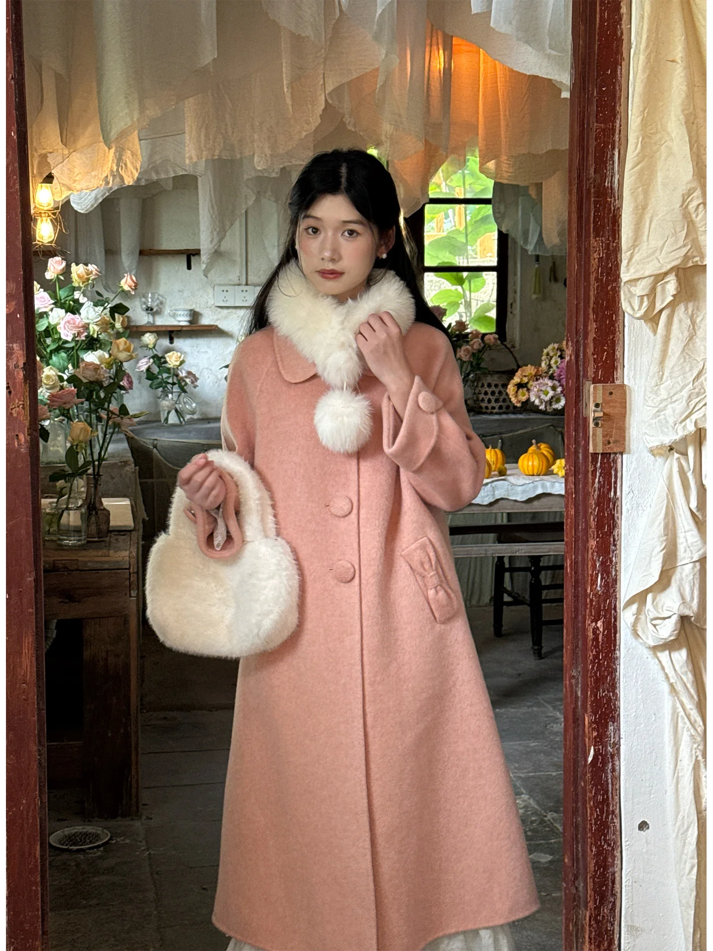 

Ele Long Double-Faced Woolen Coat for Women by Qi Yu Pearl 'Sweet Orange Evening' Handmade 00% Wool Winter Outerwear