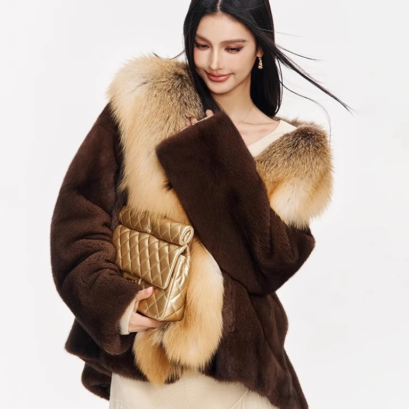 YOLANFAIRY 秋冬 輸入 フォックスファー襟 ミンクファーコート Vネック 長袖 通勤スタイル ファーオーバーコート 2025